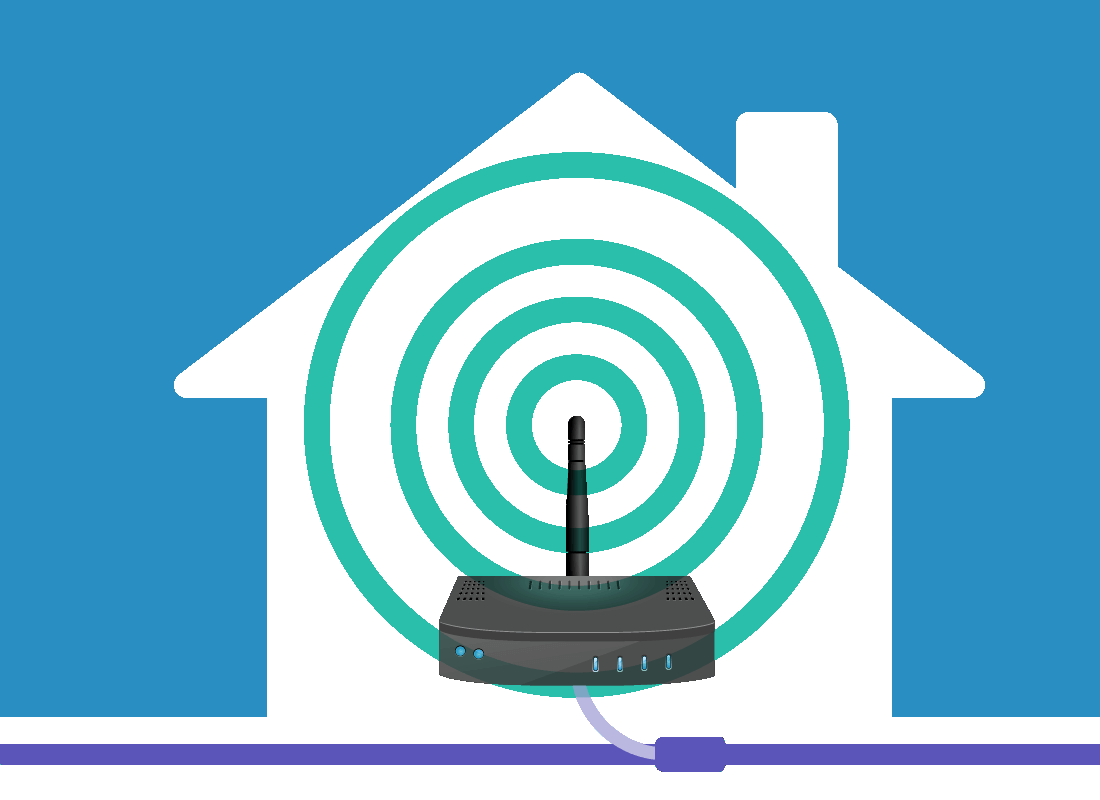 An illustration of a Wi-Fi box, or router, giving off a Wi-Fi signal inside a house.