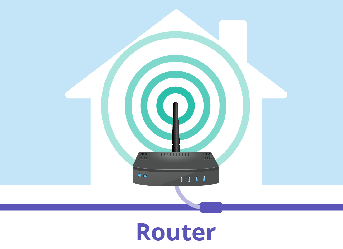 An illustration of a Wi-Fi box, or router, giving off a Wi-Fi signal inside a house.