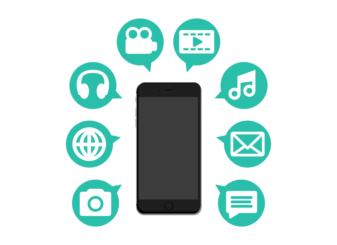 An illustration of a mobile phone surrounded by icons for internet usage