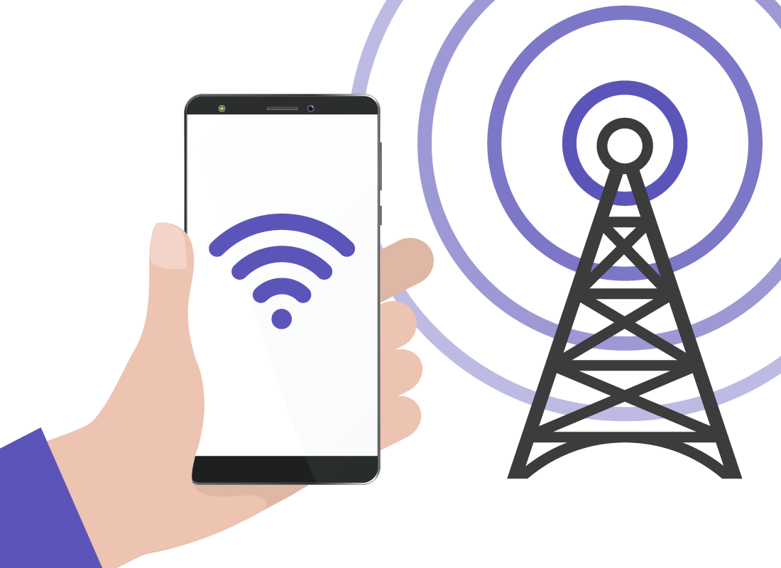 An illustration of a mobile phone receiving a signal from a mobile phone tower