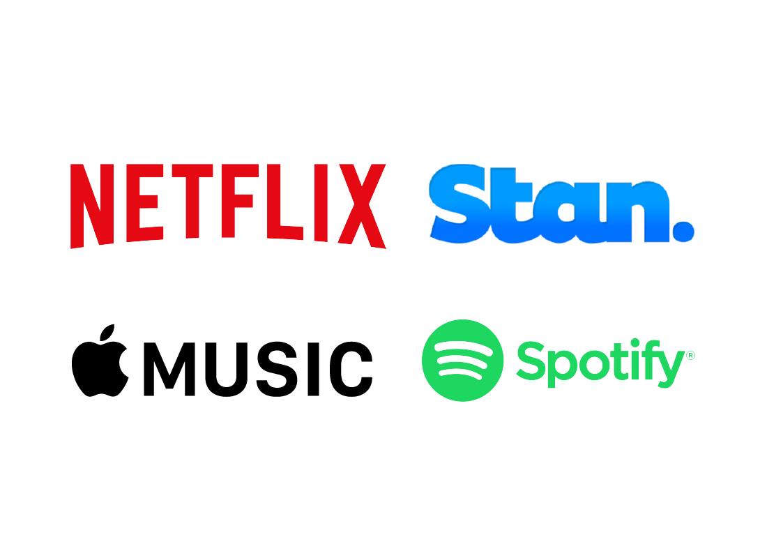 The Netflix, Stan, Apple Music and Spotify logos