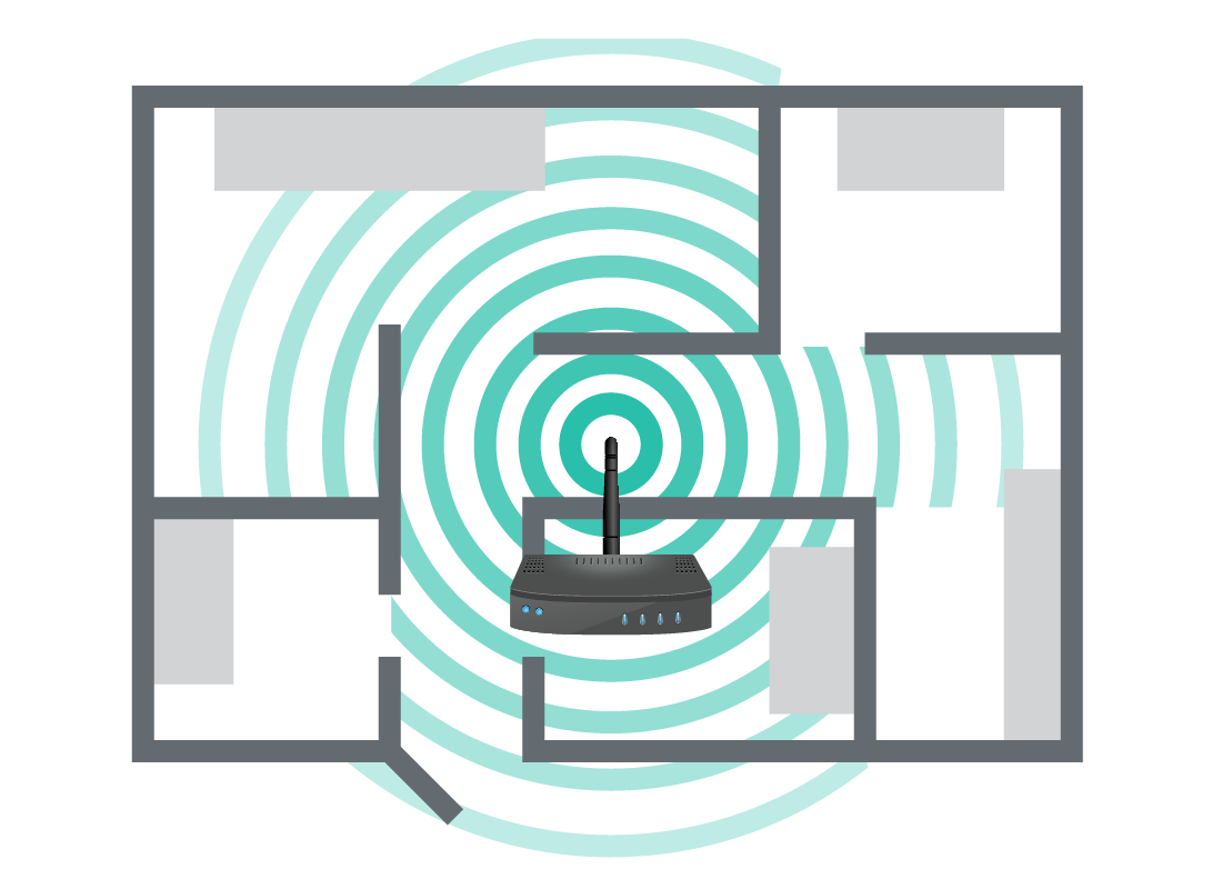 An illustration of a router transmitting a Wi-Fi signal through a floorplan of a house.