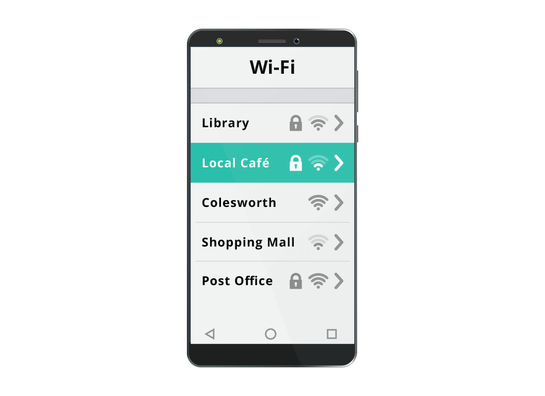 A mobile phone showing the Wi-Fi settings with the local cafe's Wi-Fi network selected
