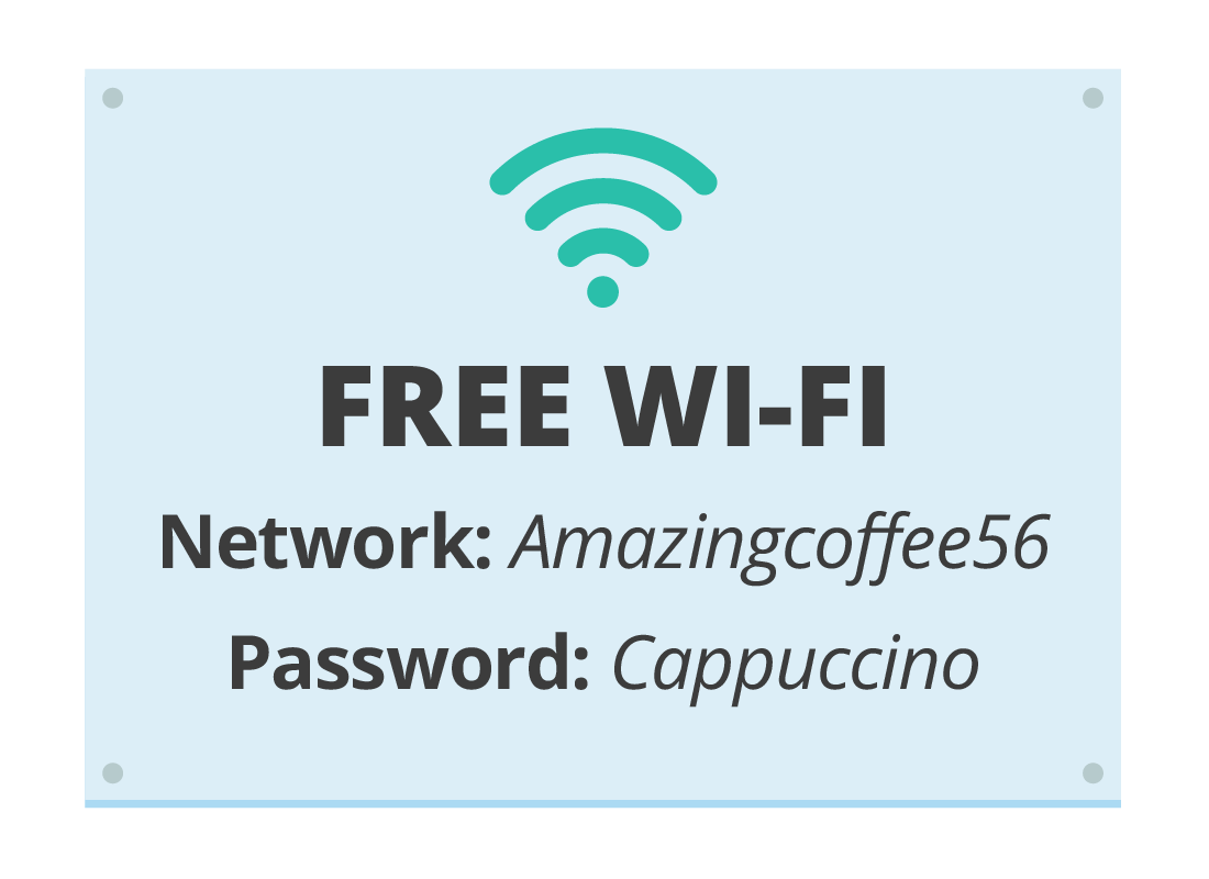 A typical sign explaining the username and password for a local cafe's free Wi-Fi