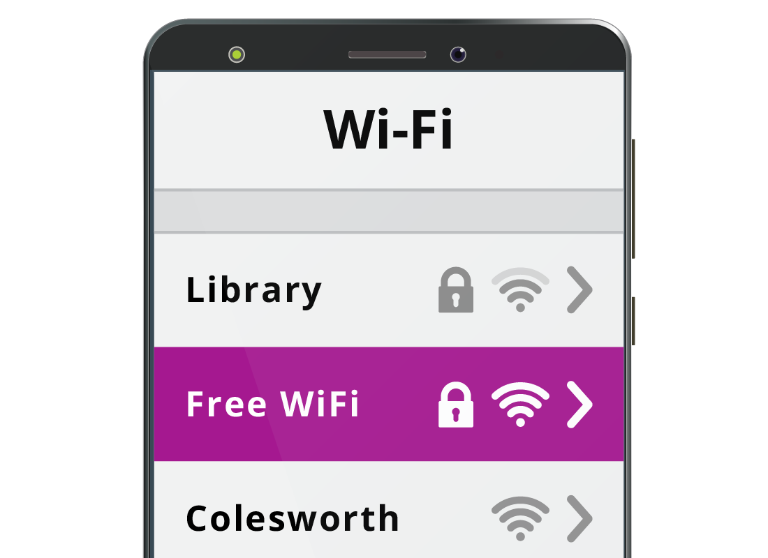 A mobile phone showing the Wi-Fi settings with the local café's Wi-Fi network selected