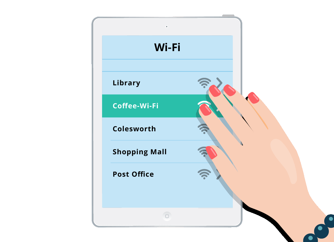 Donna chooses the cafe's Wi-Fi network from the list in her tablet device's settings