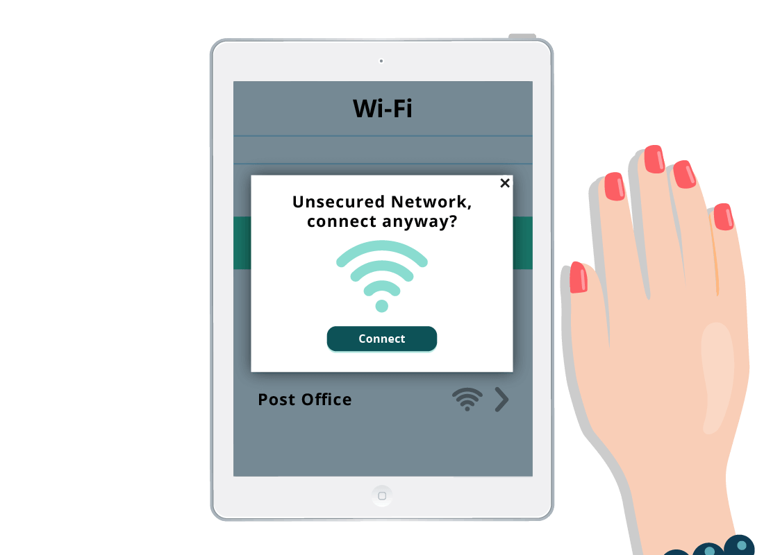 Donna's tablet has detected she is about to connect to an unsecured Wi-Fi network and sends her an alert to tell her