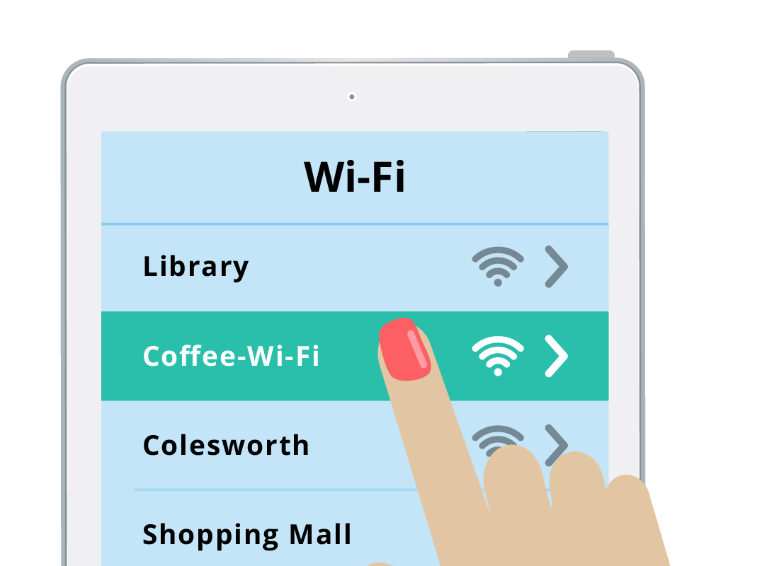 Donna chooses the café's Wi-Fi network from the list in her tablet device's settings