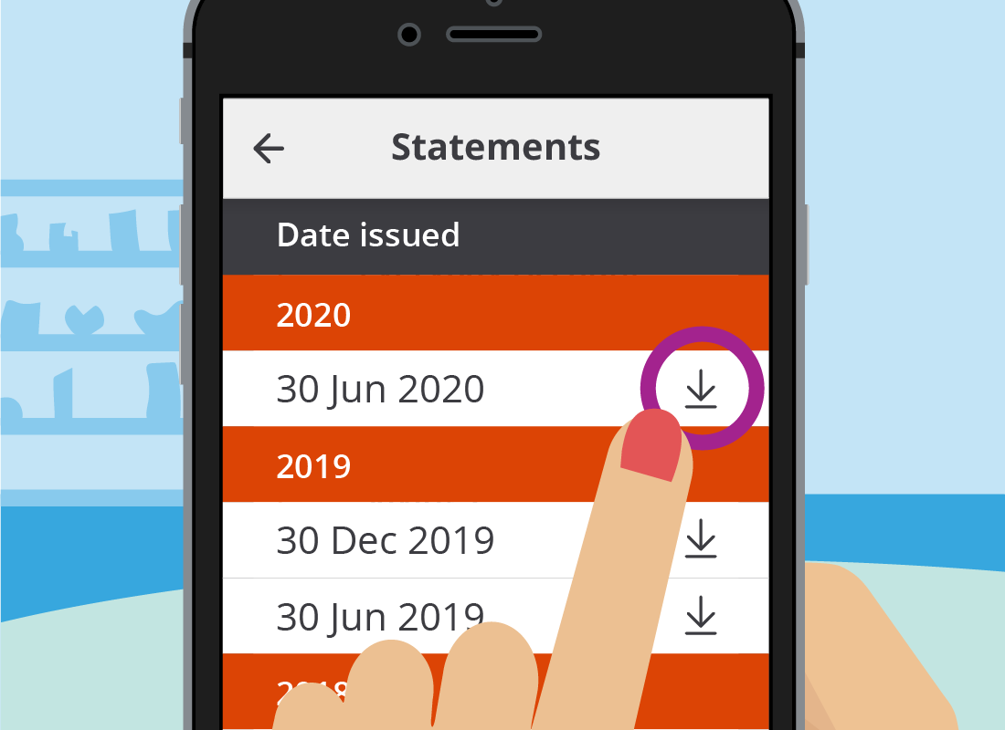 Tapping the downward facing arrow next to the statement you want will download a copy of that statement onto your device.