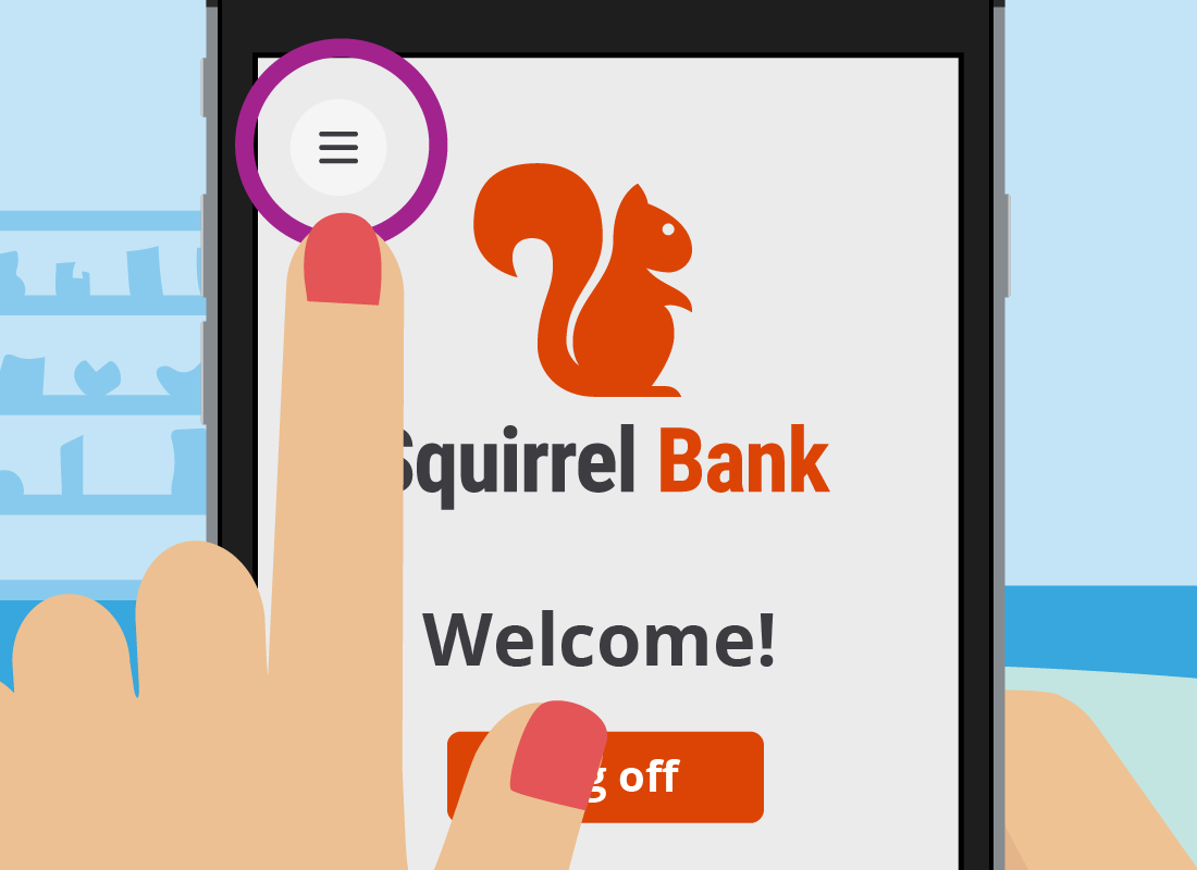 The Squirrel Bank main menu button that looks like three stacked lines, or a hamburger!
