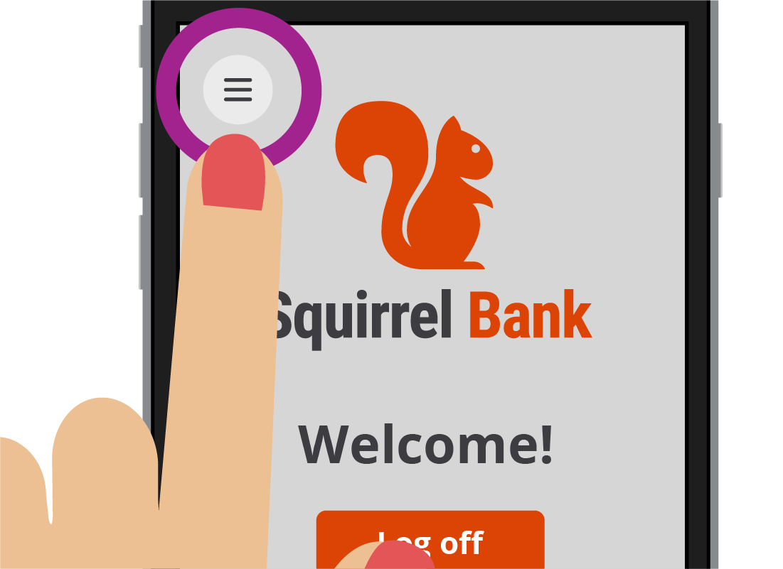 The Squirrel Bank mobile app showing the hamburger menu icon