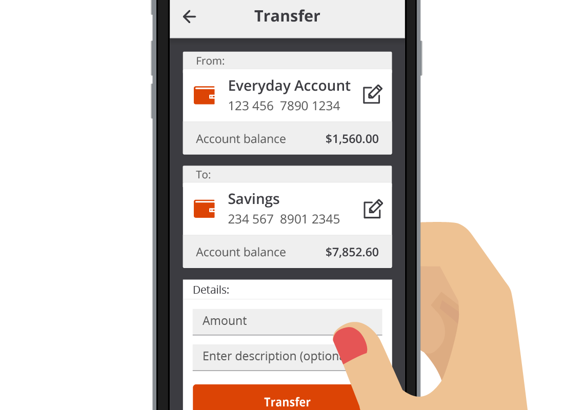 The Squirrel Bank transfer page listing to and from accounts ready to transfer money.