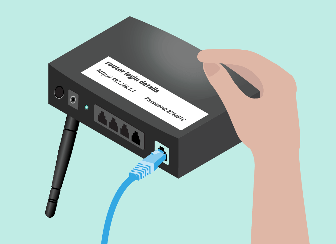 A router with the log in details written on a sticker on the top of the box.