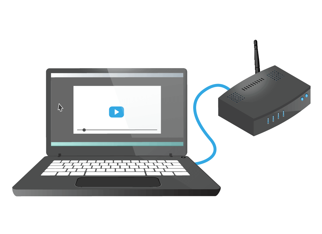 An illustration of a laptop computer connected to a router by a cable