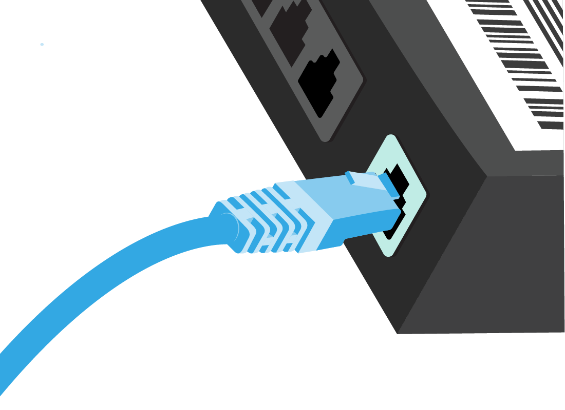 An illustration of a cable being plugged into a router socket or port