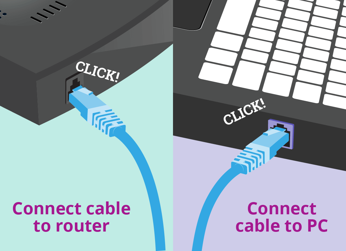 An illustration of cables being inserted into the ports on the router and the device making a clicking sound to confirm they are properly connected