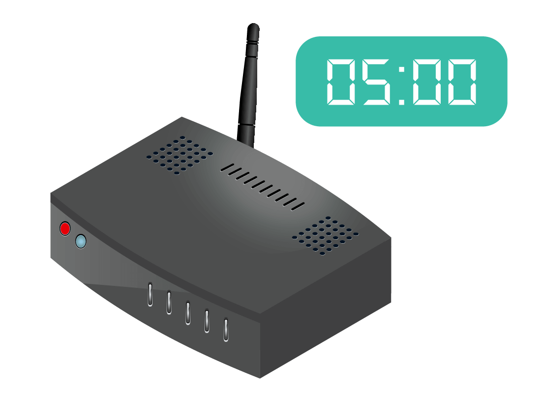 An illustration of a router taking about 5 minutes to restart properly after being switched back on