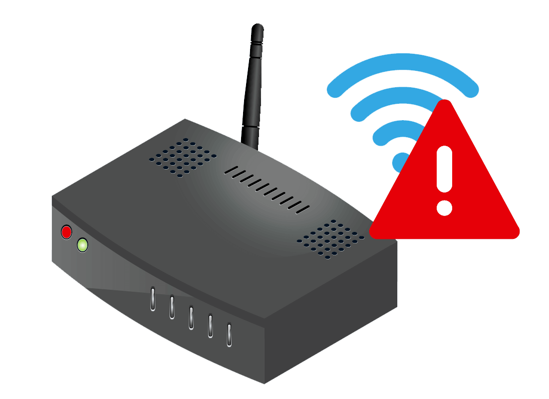An illustration of a router with a red light on the front panel indicating all is not well