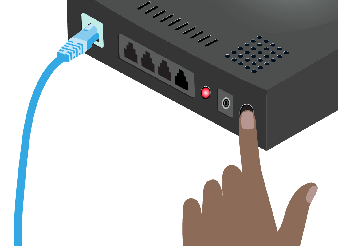 An illustration of someone switching off a router using the power button found at the back of the box.