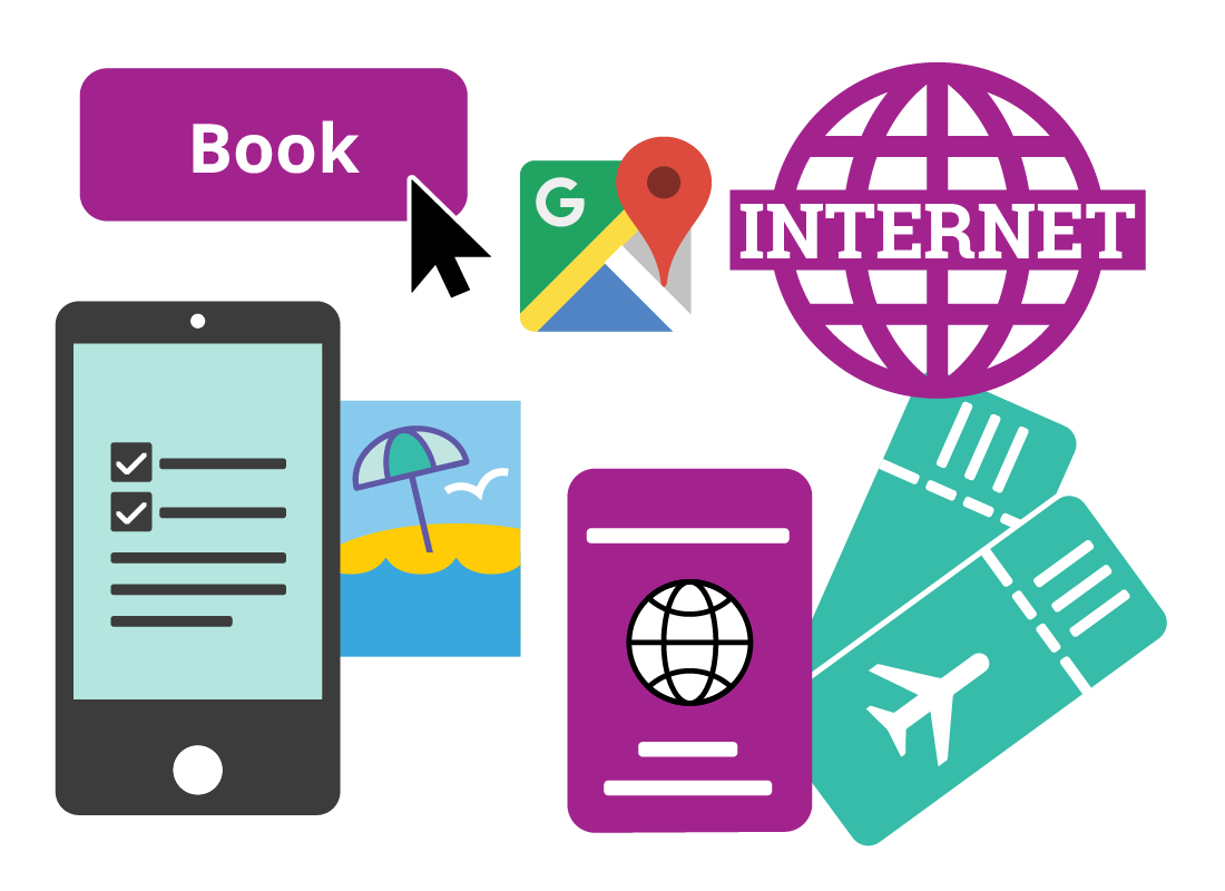A mobile device surrounded by plane tickets, a Google Maps icon and a Book button
