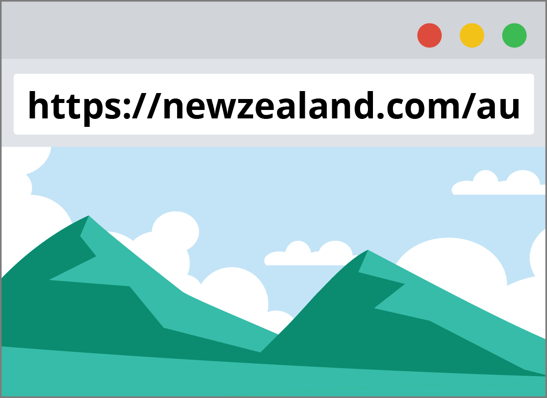 An address bar showing the New Zealand tourism website URL