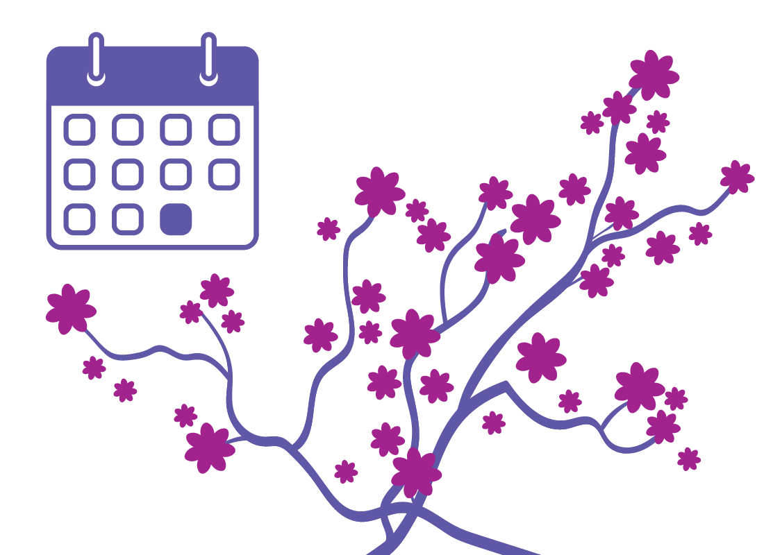 A calendar with a cherry blossom tree next to it.