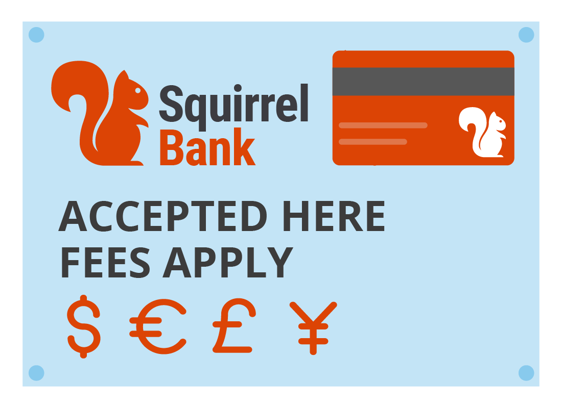 The Squirrel bank logo with a credit card and different currency symbols