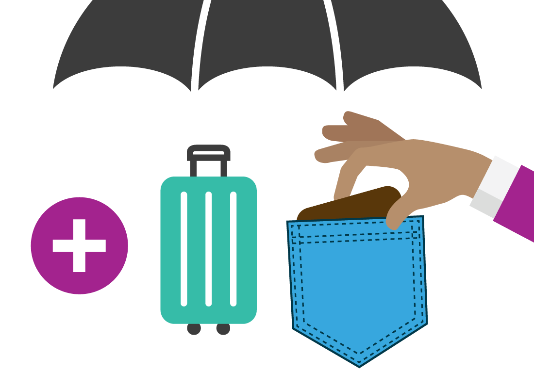 An open umbrella covering a medical symbol, luggage and a pick pocket