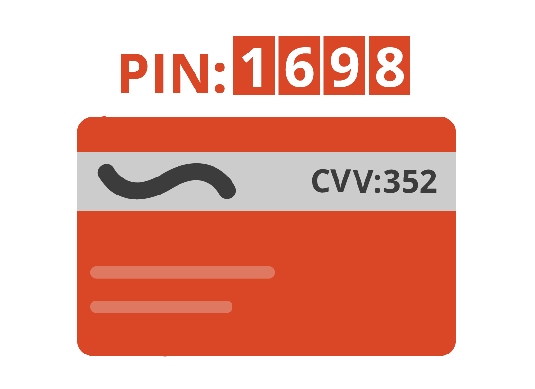 A credit card with a PIN and CVV displaying