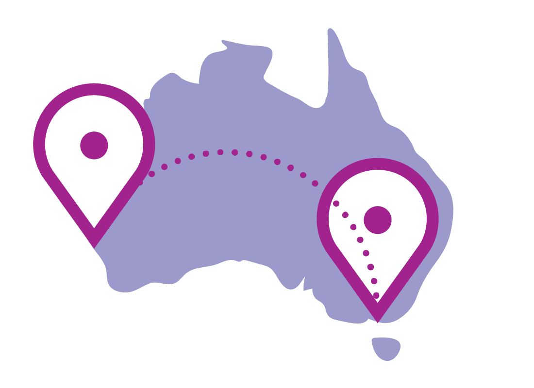 A map of Australia with Melbourne and Perth pinned