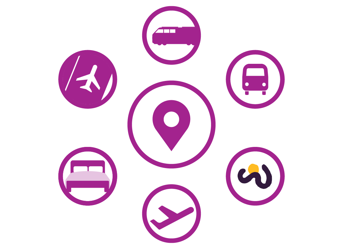 A map pin surrounded by a range of transport modes and a hotel bed