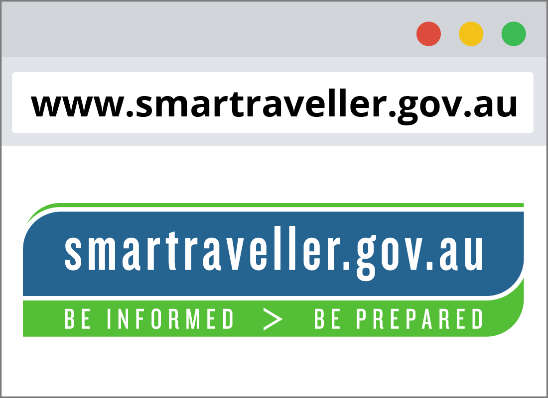 The smart traveller logo on a computer screen showing the smart traveller URL