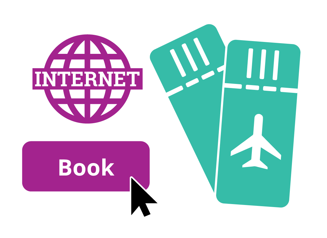 Plane tickets and an internet logo next to a Book button