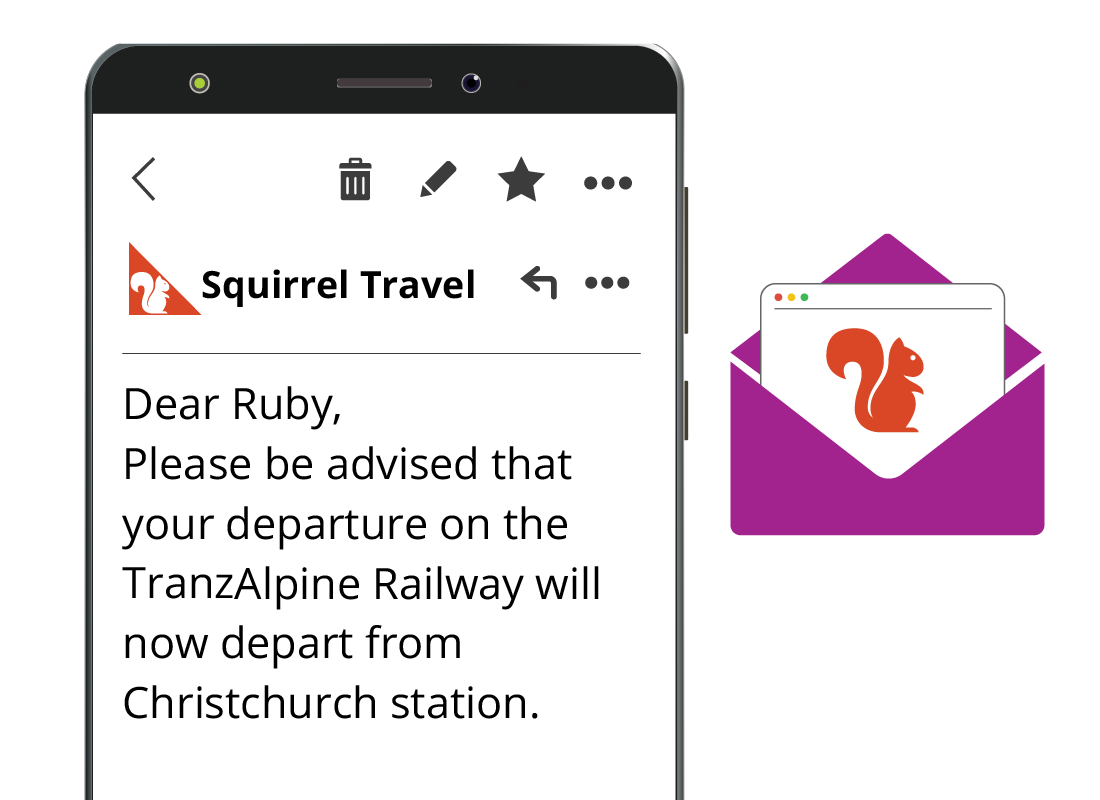 An email from Squirrel travel on a mobile device