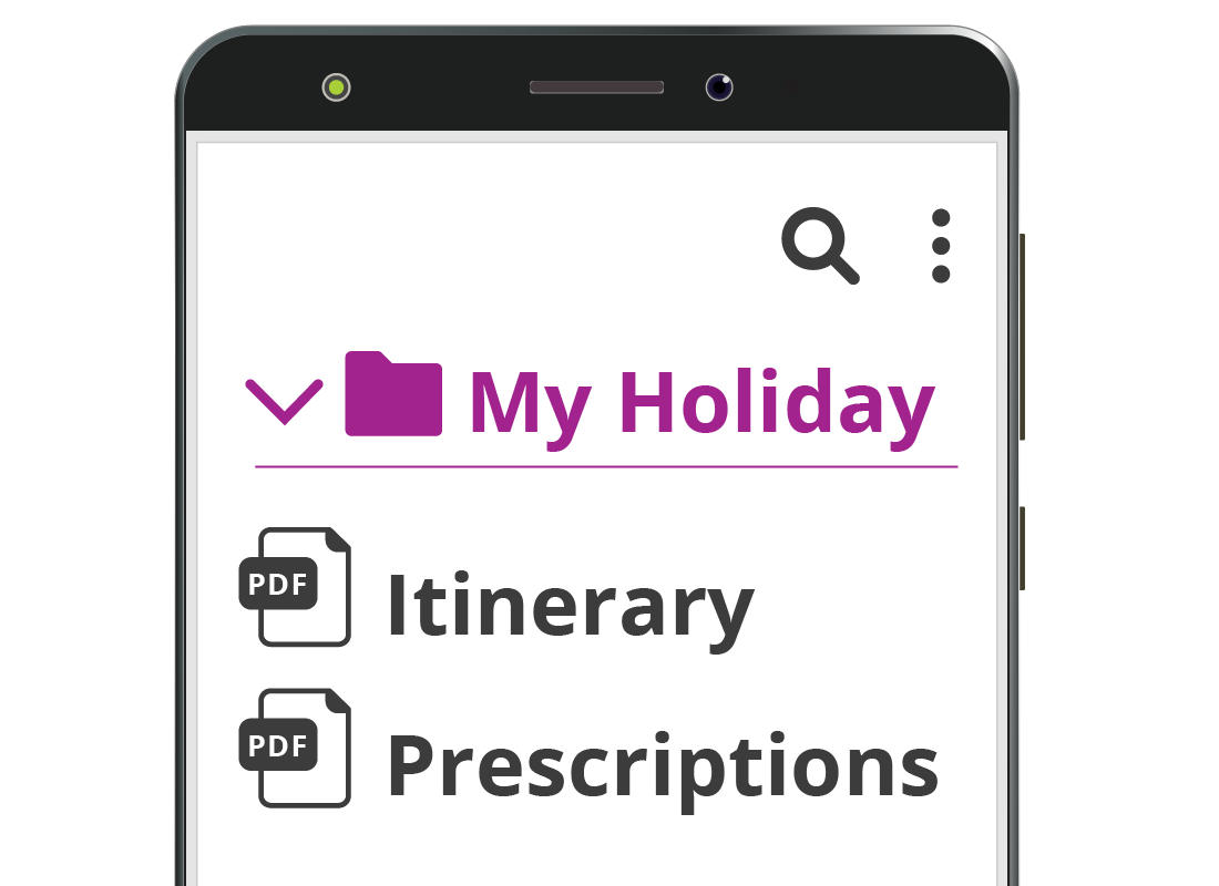 A mobile device showing the My Holiday folder and PDFs in it