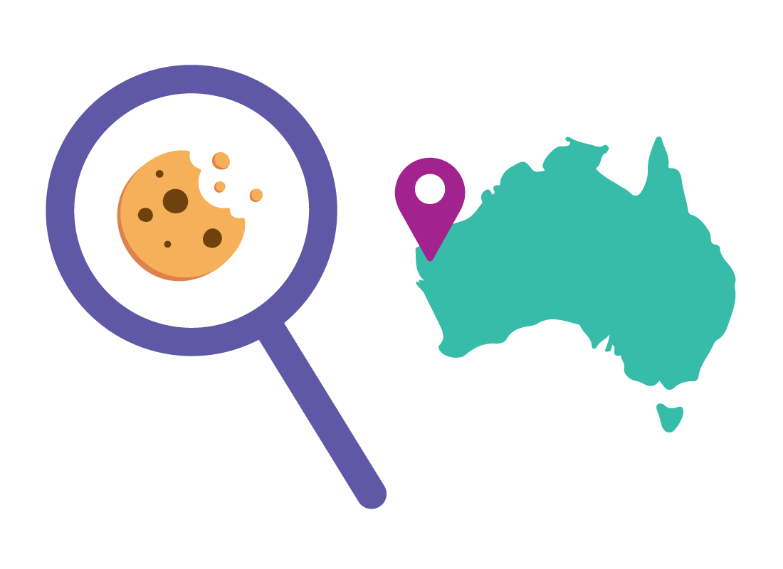 A map of Australia, a magnifying glass with a cookie focused in it
