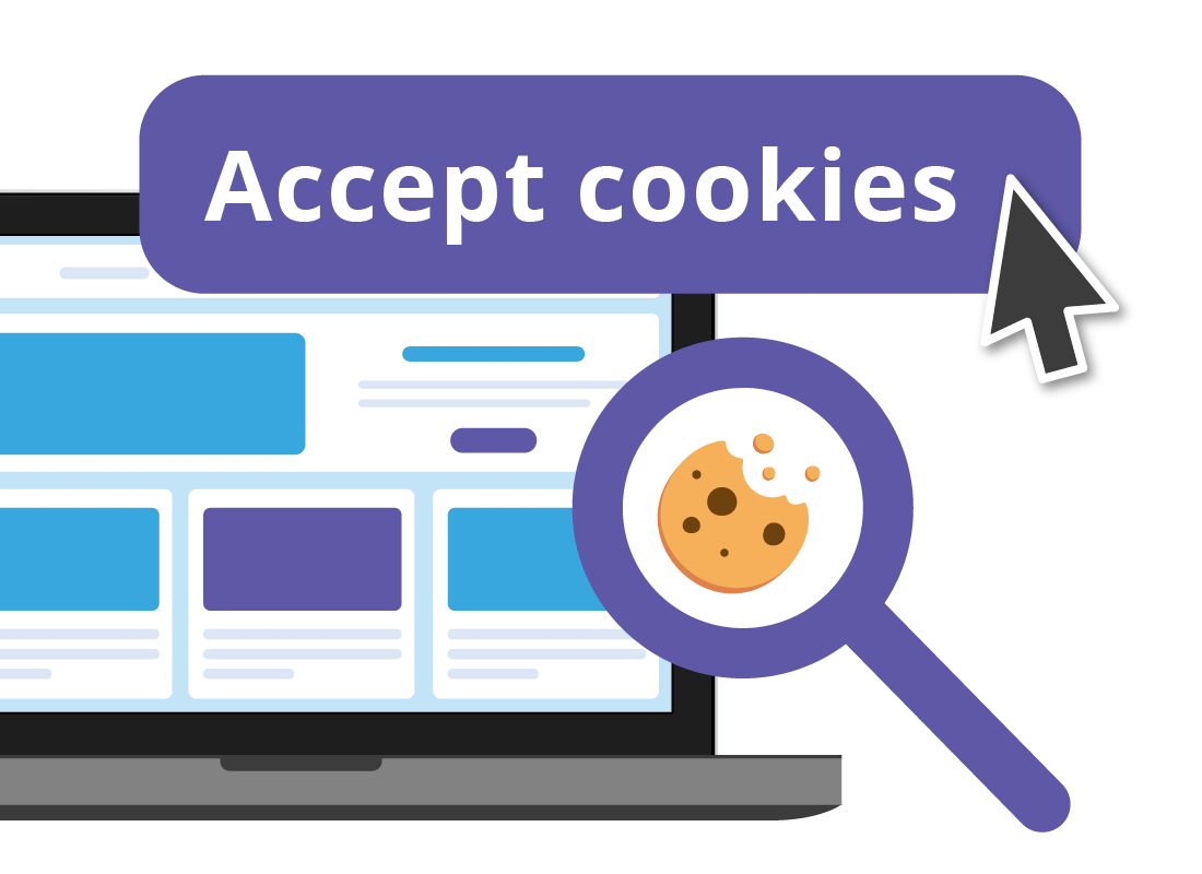 A magnifying glass over a laptop showing a cookie/ biscuit