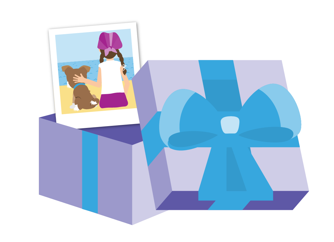 A graphic of a personal photo wrapped up as a gift