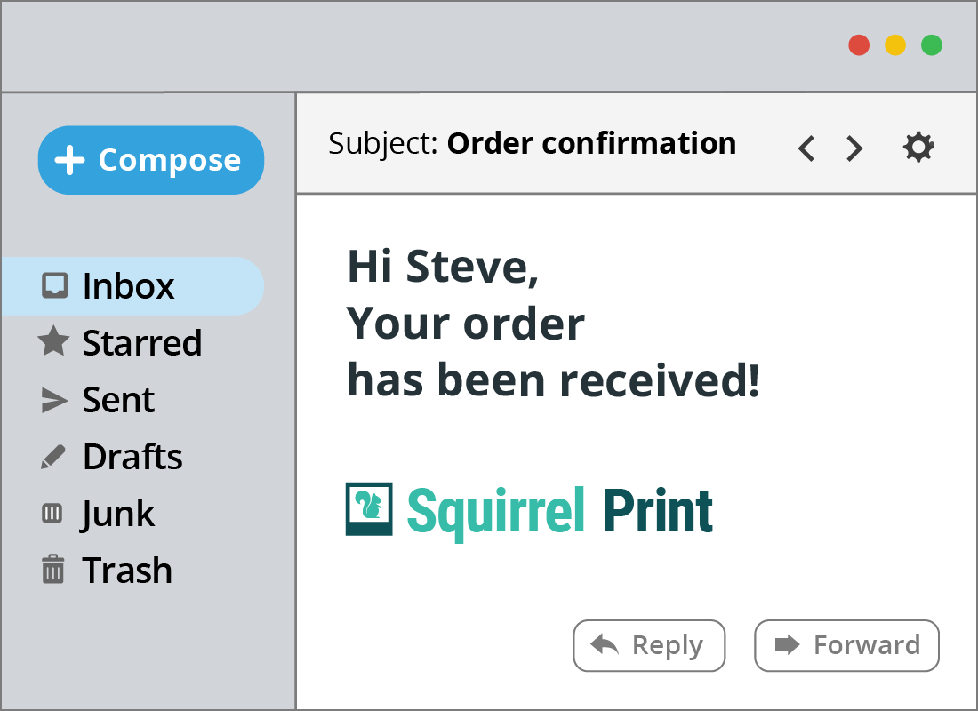 Steve's email inbox showing a new email from SquirrelPrint confirming his order