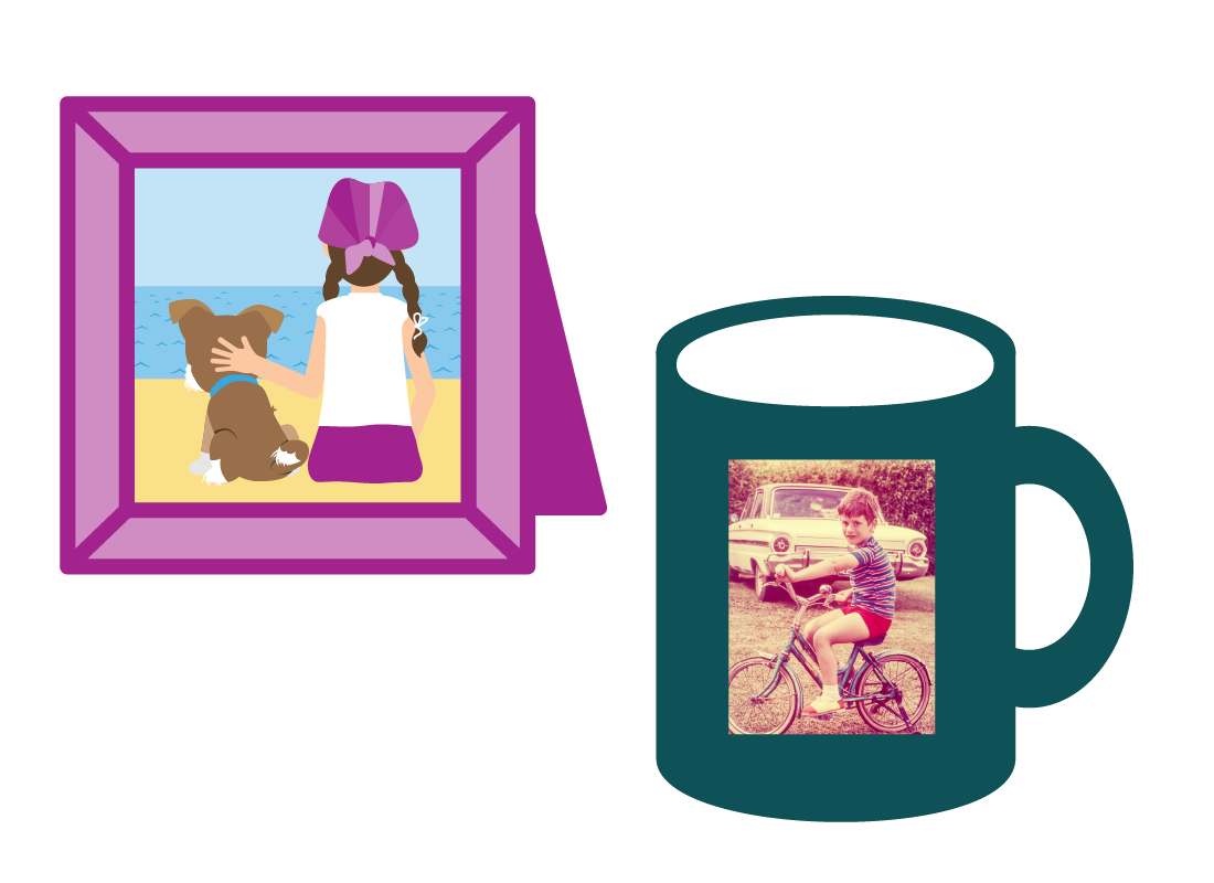 A graphic of different things Steve can create with his photos and Squirrel Print, including framed copies and personalised coffee mugs