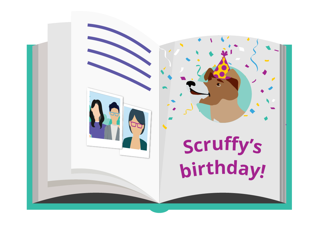 Steve's photobook is coming along. He's up to recording Scruffy's birthday party!
