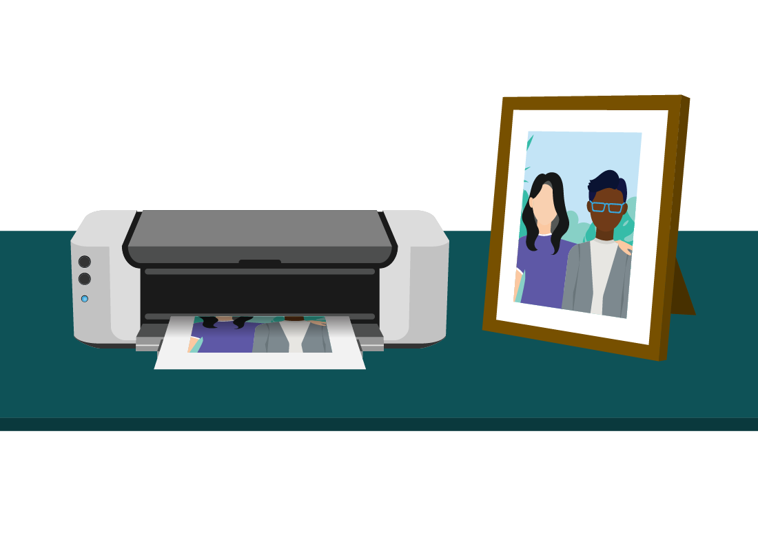 A home printer next to a framed photo