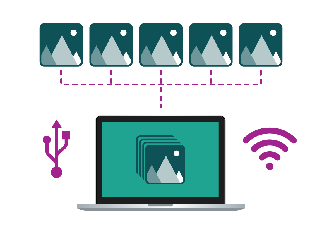 A graphic of a laptop computer using Wi-Fi to back up and download photos