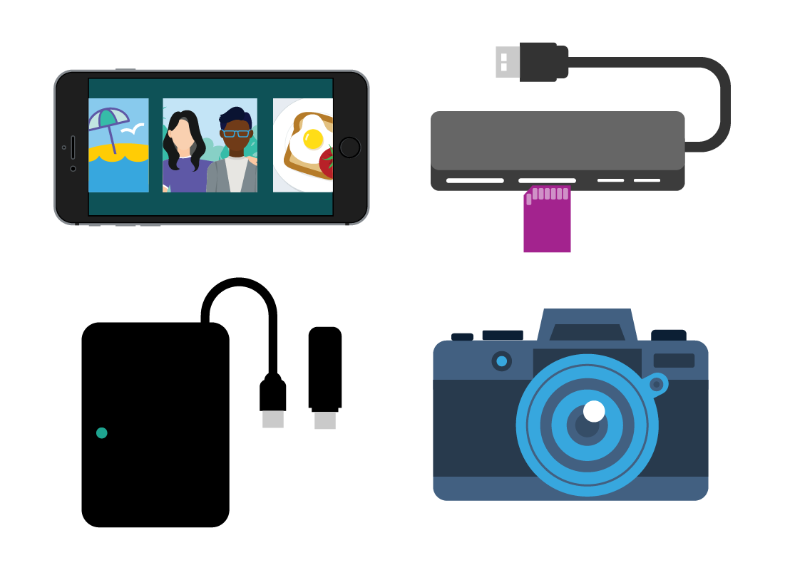A smartphone, memory card reader, external drives and a digital camera