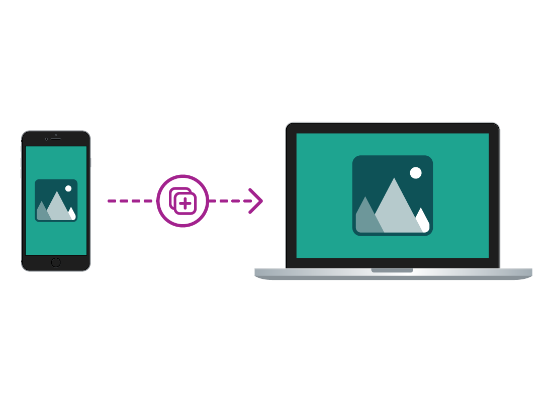 A graphic of a smartphone wirelessly transmitting a photo to a laptop computer