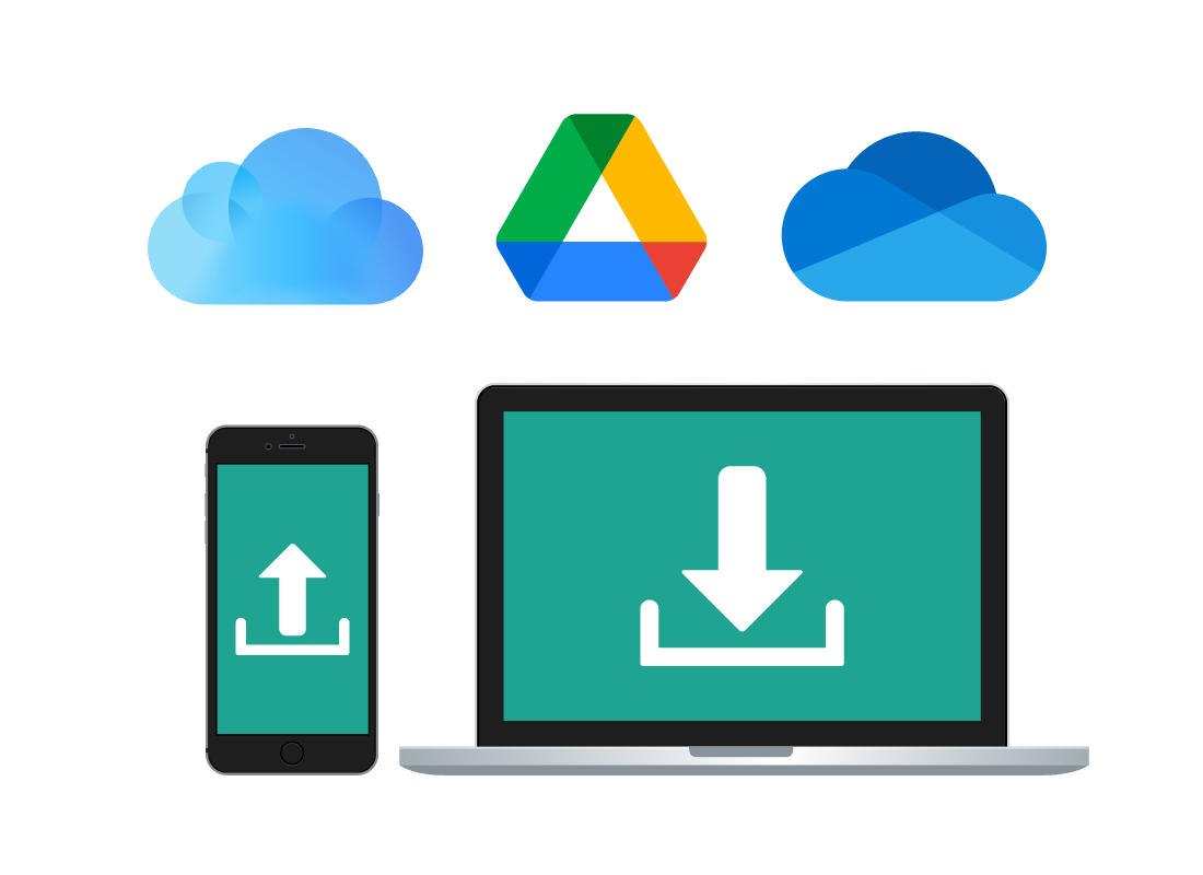 The logos for iCloud, Google Drive and OneDrive with a smartphone and a laptop computer