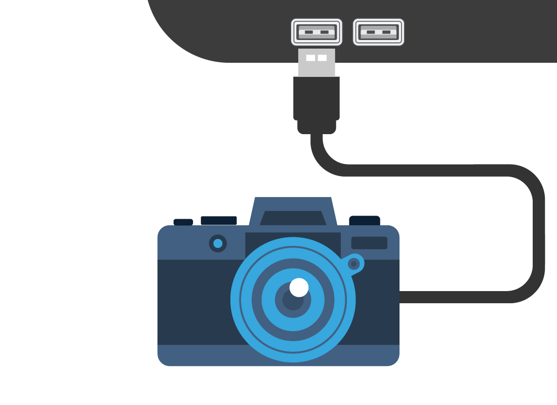 A camera using a USB connection to transfer photos to a computer