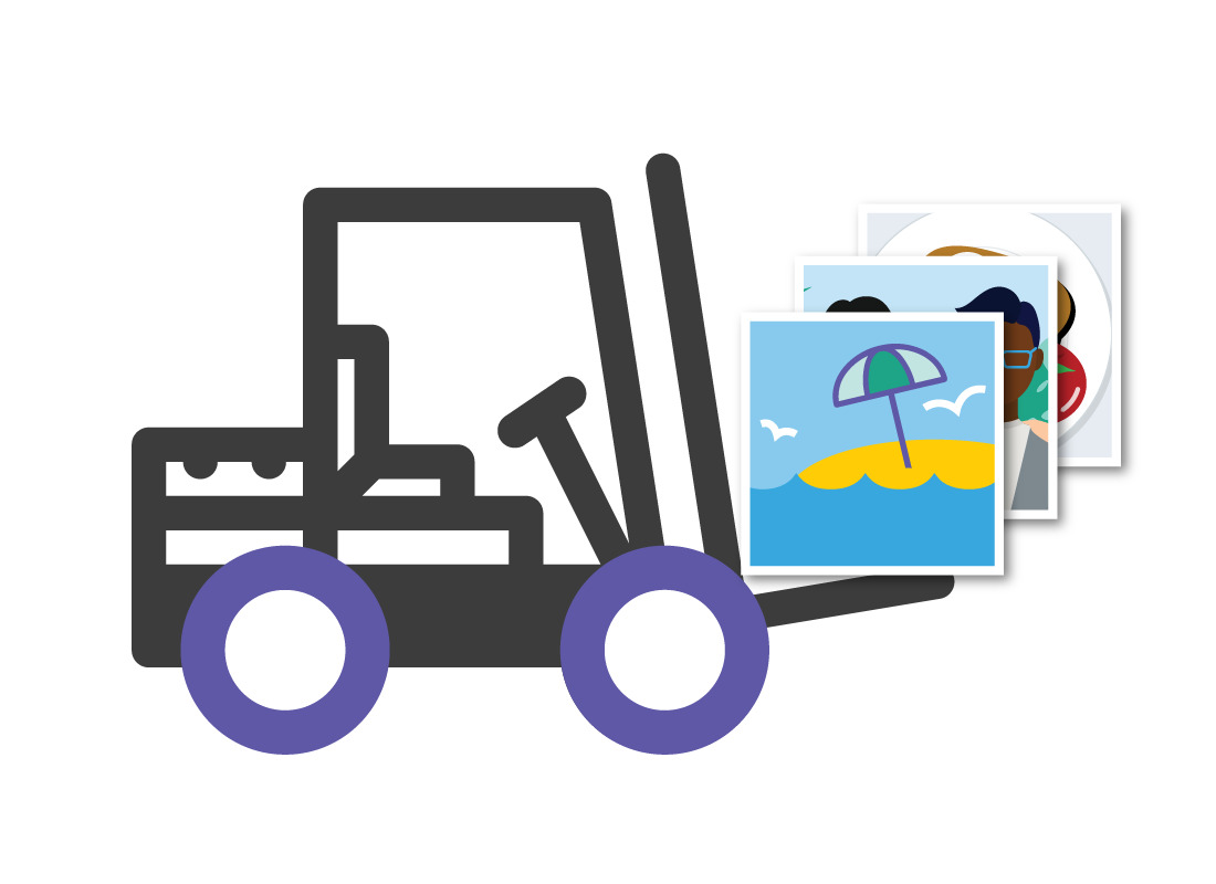 A graphic of a forked lift truck transporting lots of photos