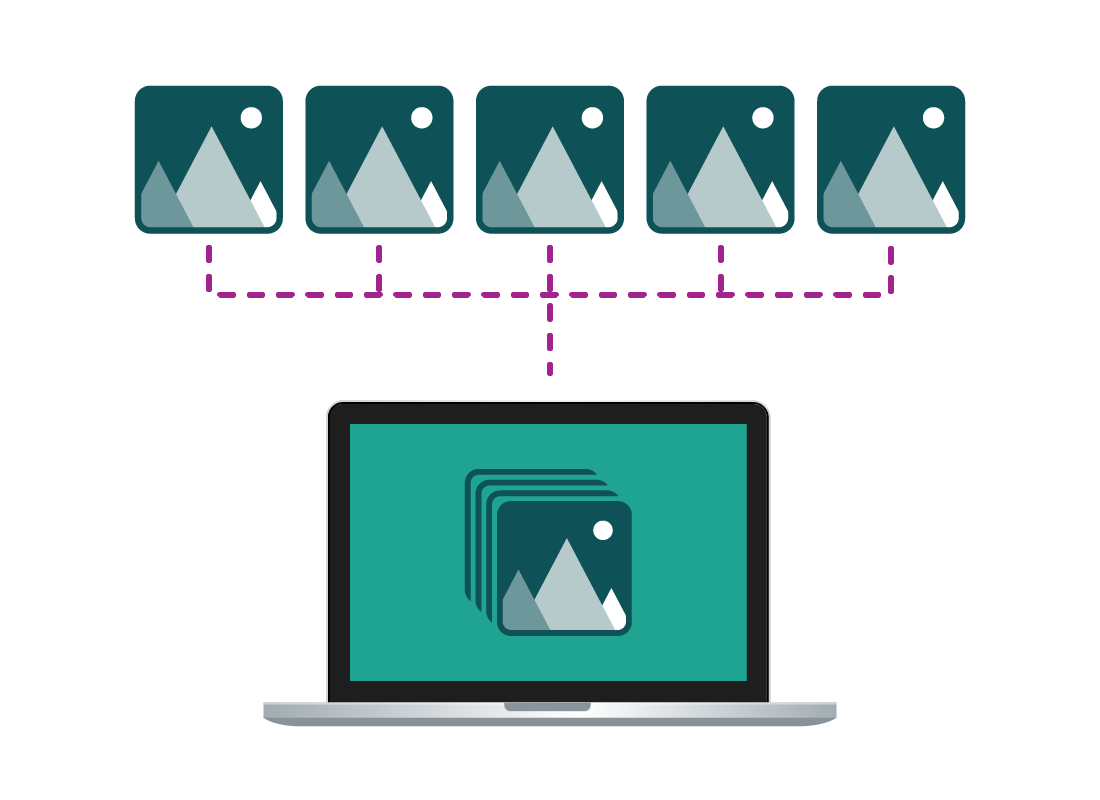 A graphic of a laptop computer capable of displaying lots of photos