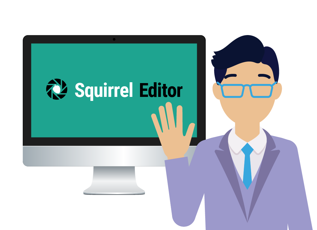 A graphic of Steve in front of his computer which is displaying Squirrel Editor software